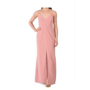 LELA ROSE | 14 | high slit v neck sleeveless gown w/ pearl details at neckline